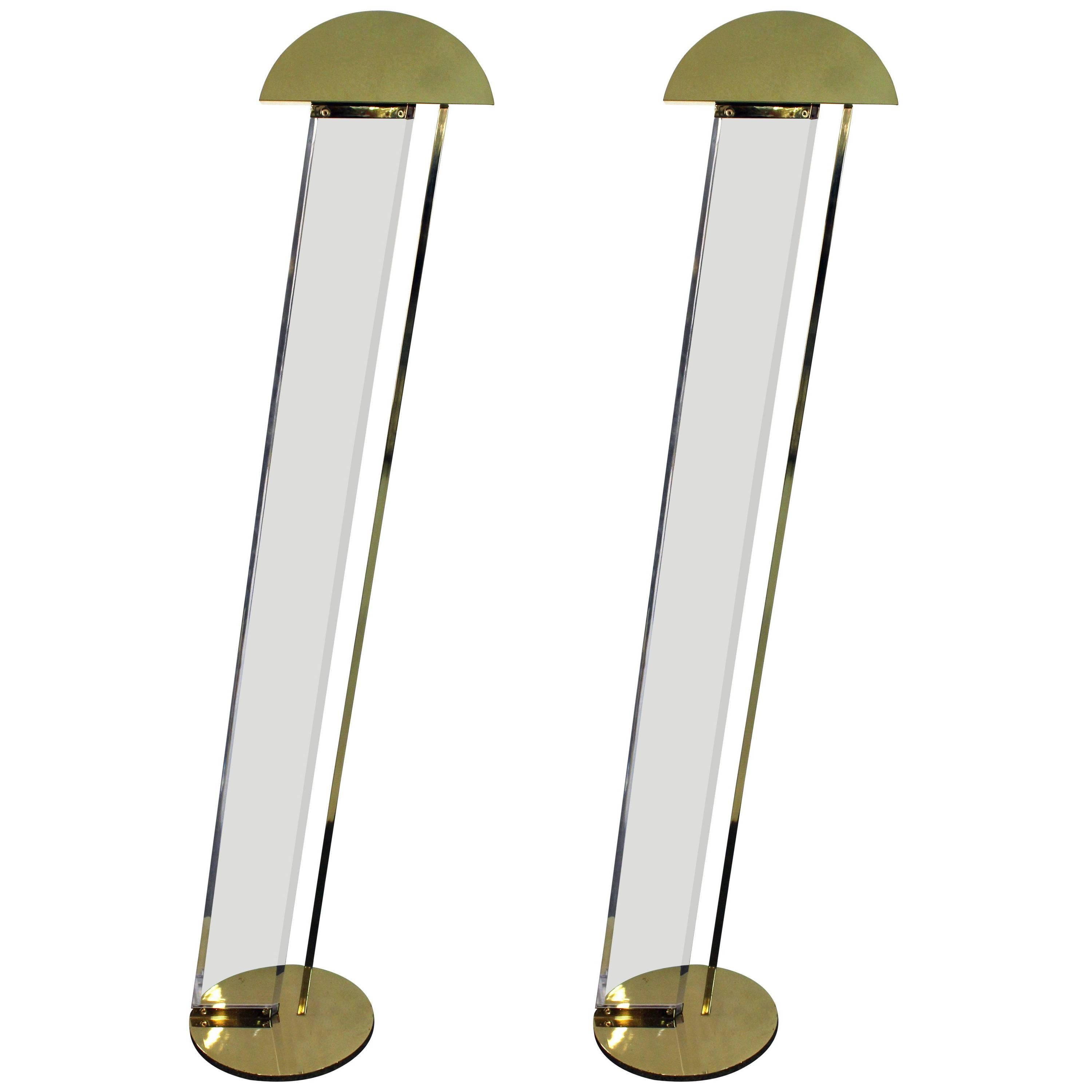 Fredrick Ramond Hollywood Regency Lucite and Brass Floor Lamps For Sale