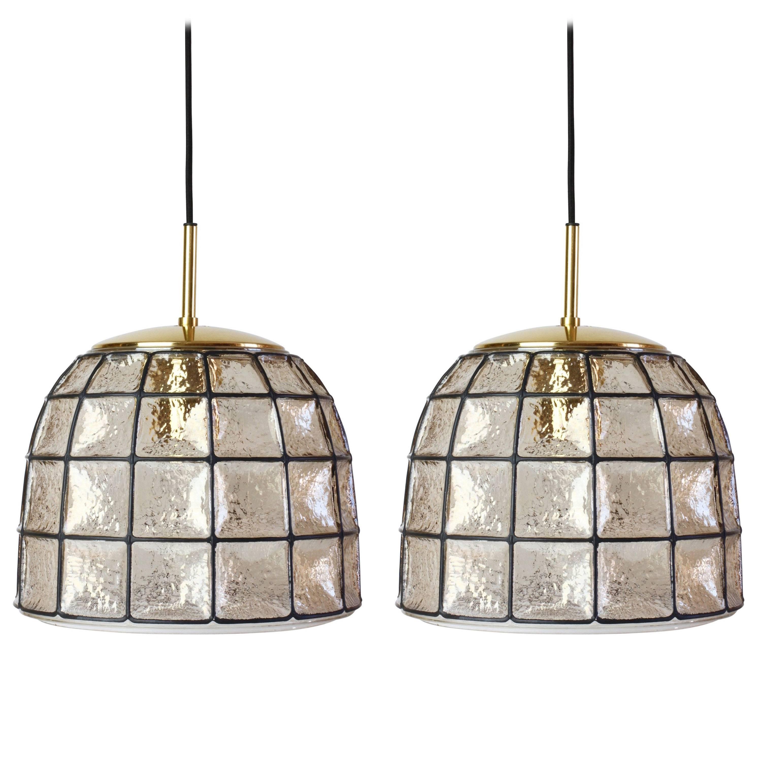 One of a Pair 1960s Black Iron & Glass Honeycomb Bell Pendant Lights by Limburg