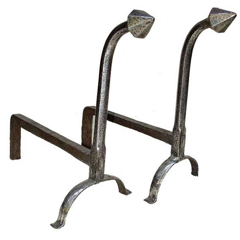 Pair of Late 18th English Polished Iron Andirons