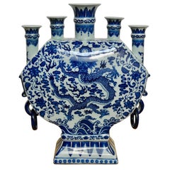 Vintage Chinese Blue and White Porcelain Dragon Bud Vase Tulipiere