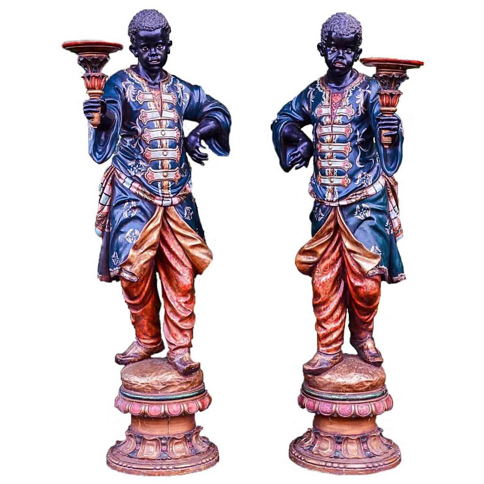 Fine Pair of 19th Century Carved Wood Venetian Blackamoor Torchere Stands For Sale