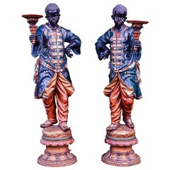Fine Pair of 19th Century Carved Wood Venetian Blackamoor Torchere Stands