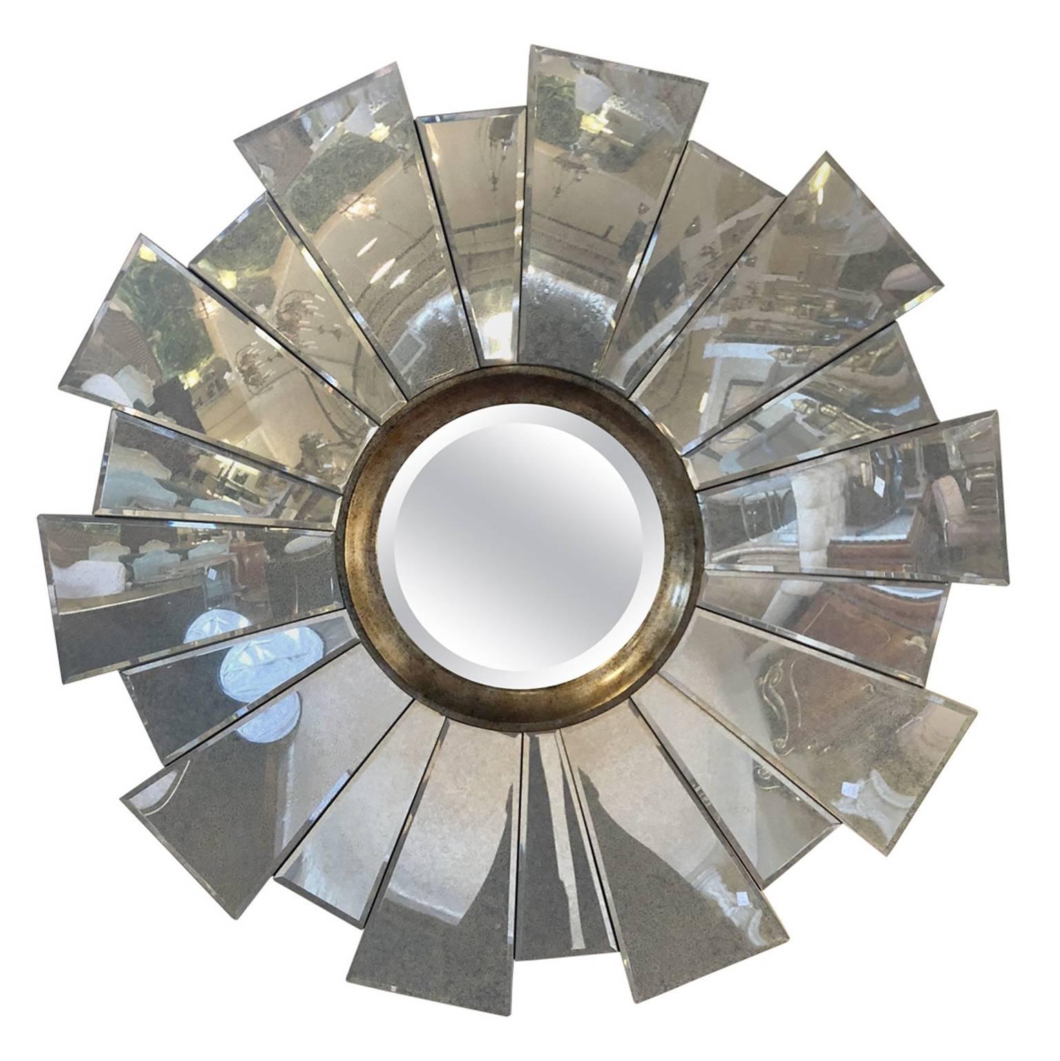  Contemporary Beveled Circular Mirror in a Mirrored Sunburst Frame