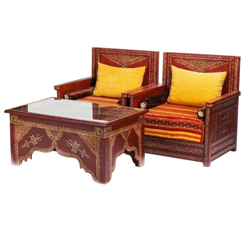 With colors of red earth, brilliant orange and striking yellow, this three-piece Berber living room set is as luxurious as it is comfortable. Replete with hand-painted details and a handmade sofa cover, the craftsmanship is sure to impress. 
All