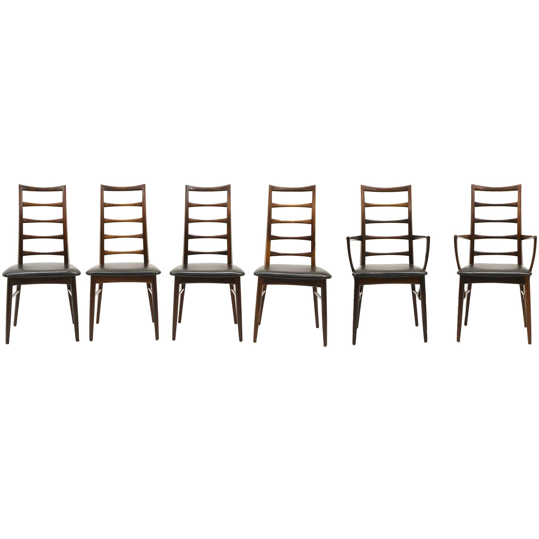6 Rosewood Lis Dining Chairs by Niels Kofoed, Two with arms, Four armless