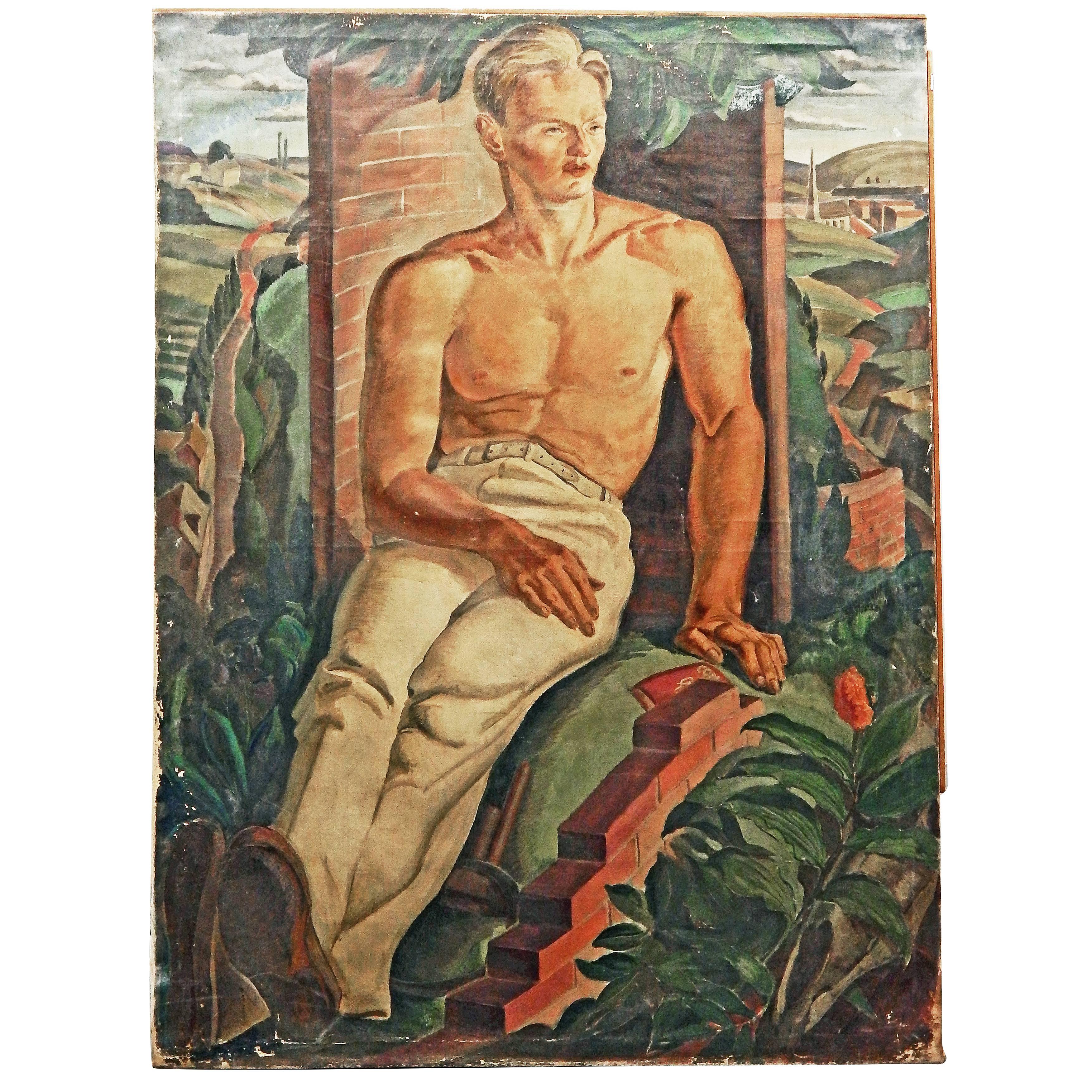 "Bricklayer at Rest, " Fabulous WPA-Era Painting of Half-Nude Laborer