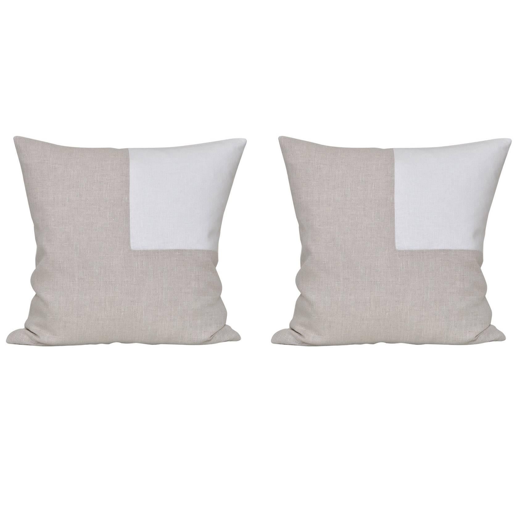 Pair of Large Contemporary Natural Irish Linen Pillow with Vintage White Patch For Sale