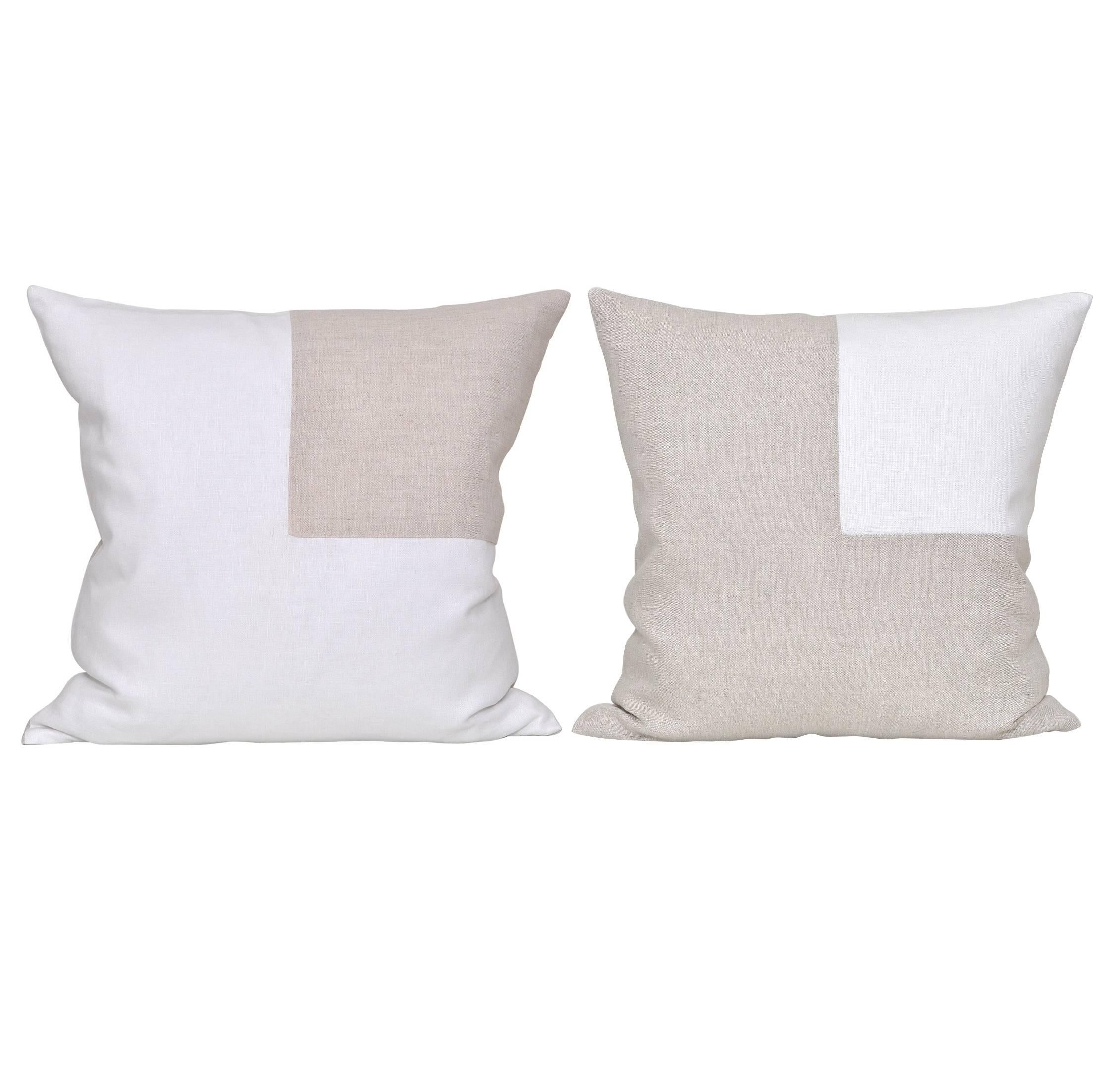 Pair of Large Contemporary Irish Linen Pillows with Vintage Patch White Oatmeal For Sale