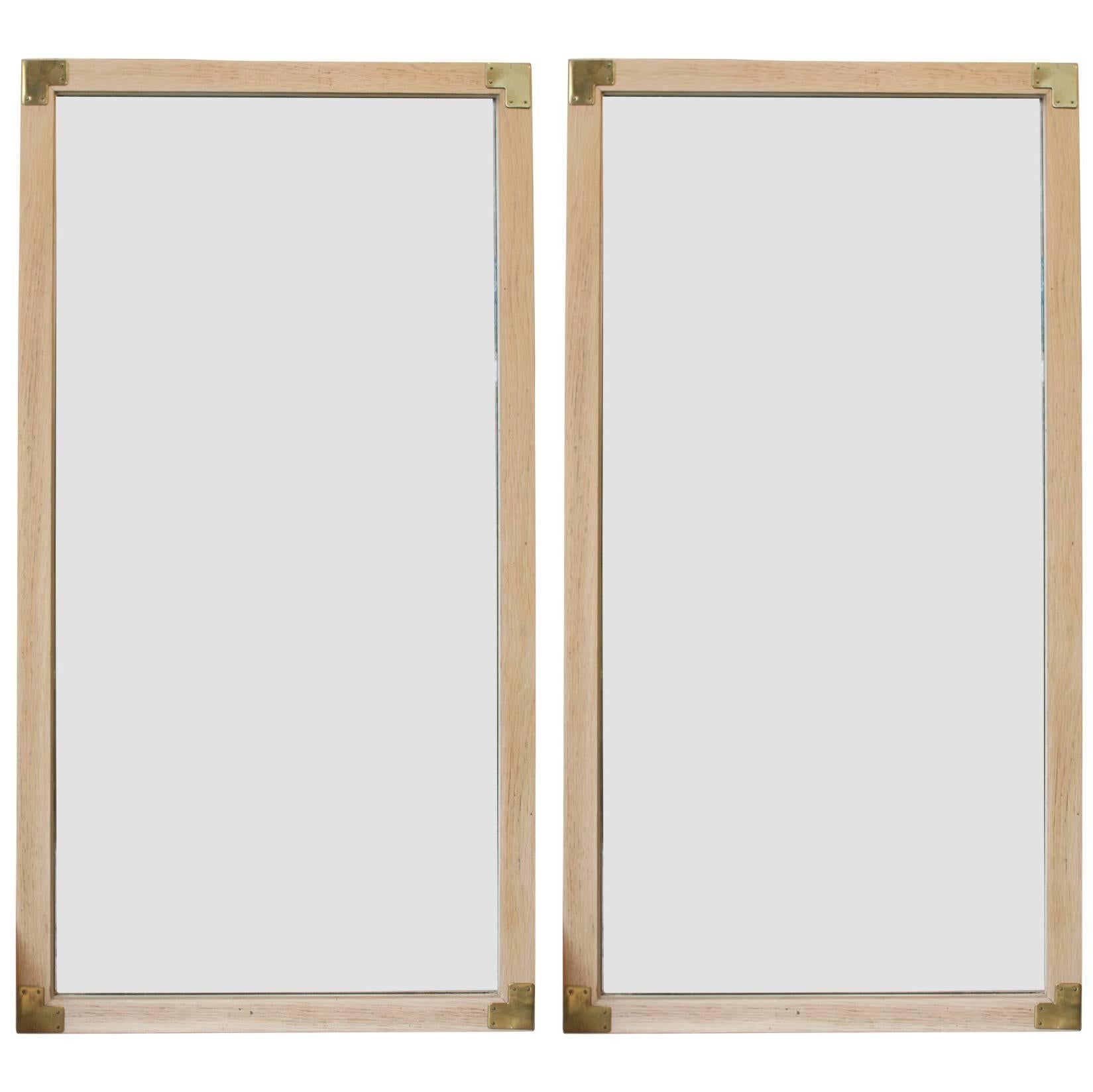 Pair of Modern Campaign Style Wall Mirrors with Brass Accents and Natural Wood