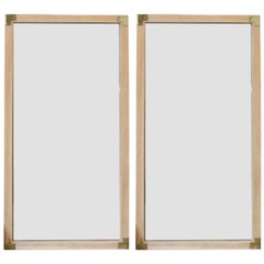 Pair of Modern Campaign Style Wall Mirrors with Brass Accents and Natural Wood