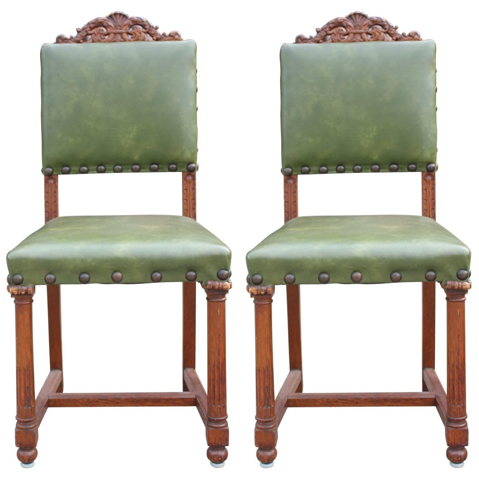 Pair of French Renaissance Carved Oak Green Side Chairs