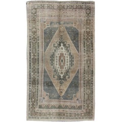 Vintage Oushak in Gray Green, Beige, Camel Background and Light Green Border