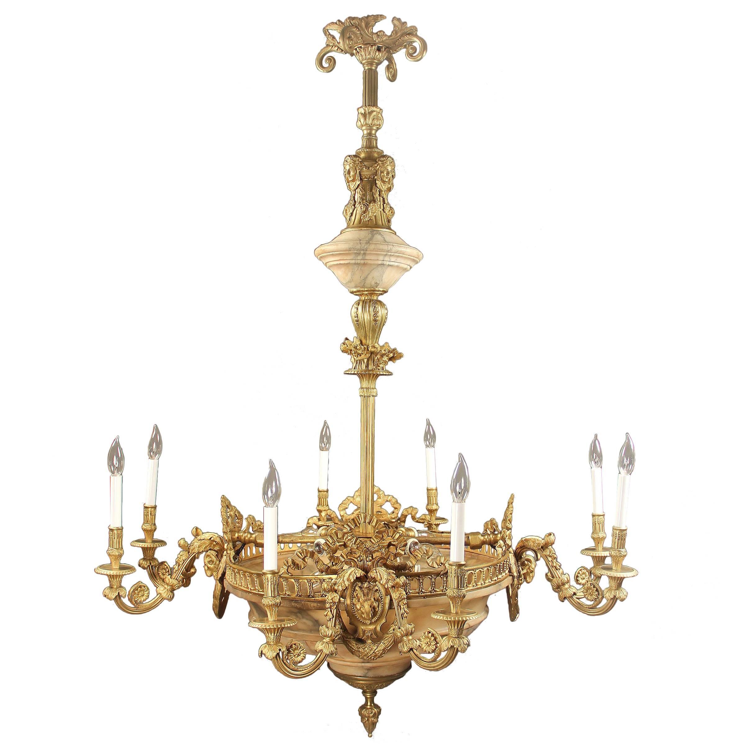 A Nice Late 19th Century Gilt Bronze and Alabaster 16-Light Chandelier