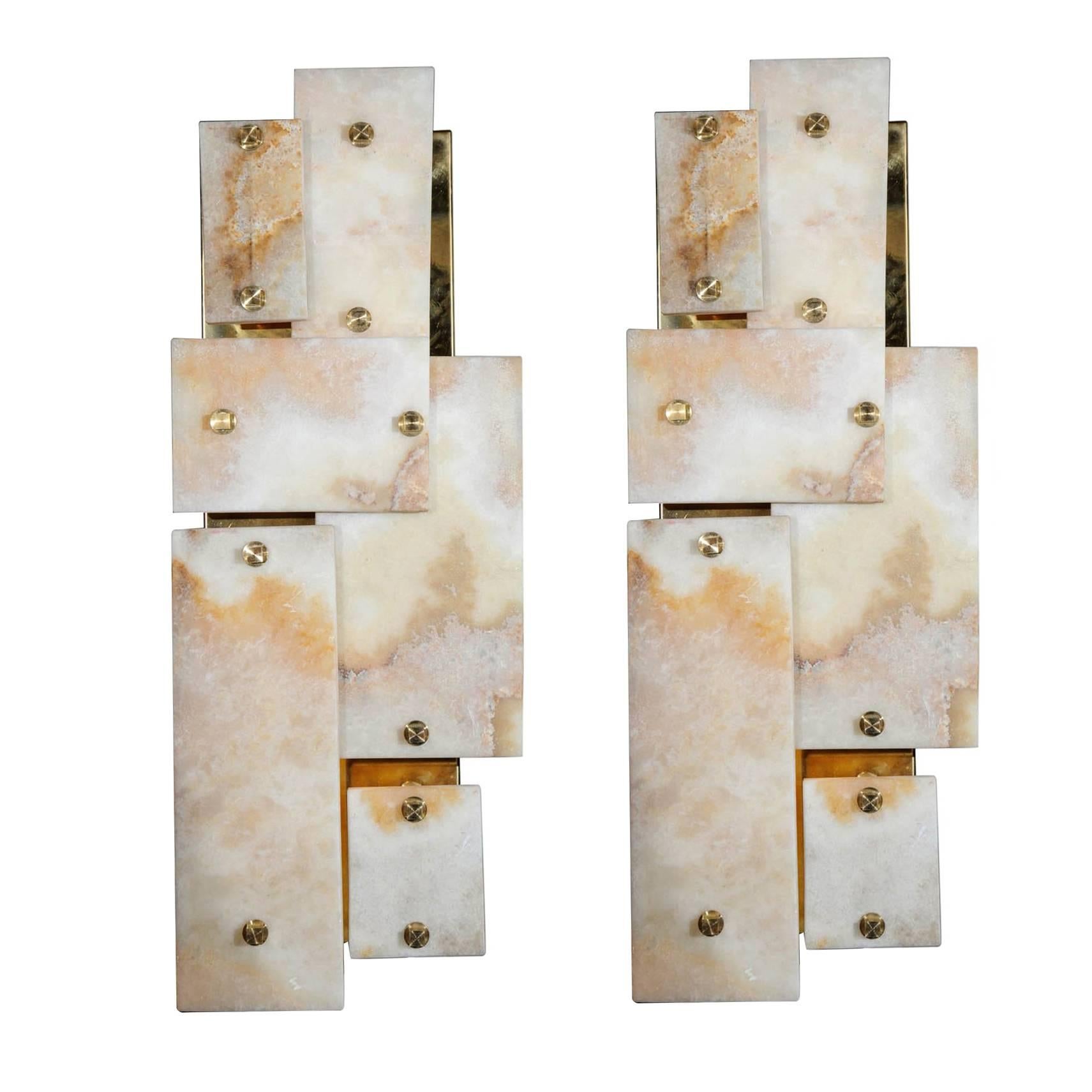Pair of Glustin Luminaires Creation Brass and Marble Wall Sconces