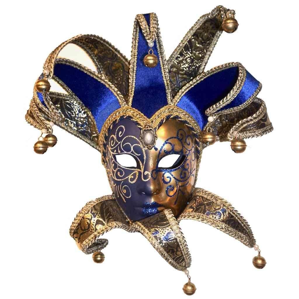 Venetian Green or Cobalt Blue and Gold Modern Mask with Jester Collar and Bells