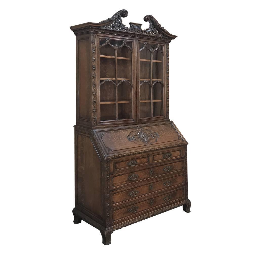 19th Century Grand English Georgian Hand Carved Oak Secretary or Bookcase