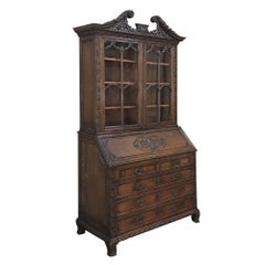 Antique 19th Century Grand English Georgian Hand Carved Oak Secretary or Bookcase