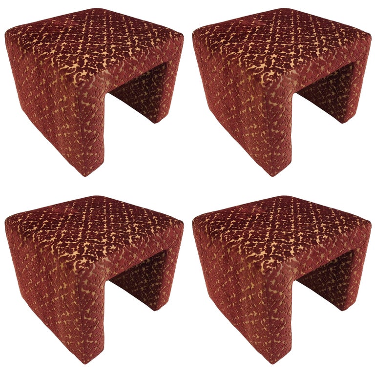 Set of Four Benches Upholstered in Vintage Quilted Velour Fabric For