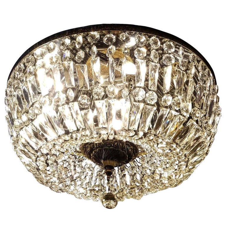 Spectacular Flush Mount Crystal and Bronze Basket Chandeliers For Sale at 1stdibs