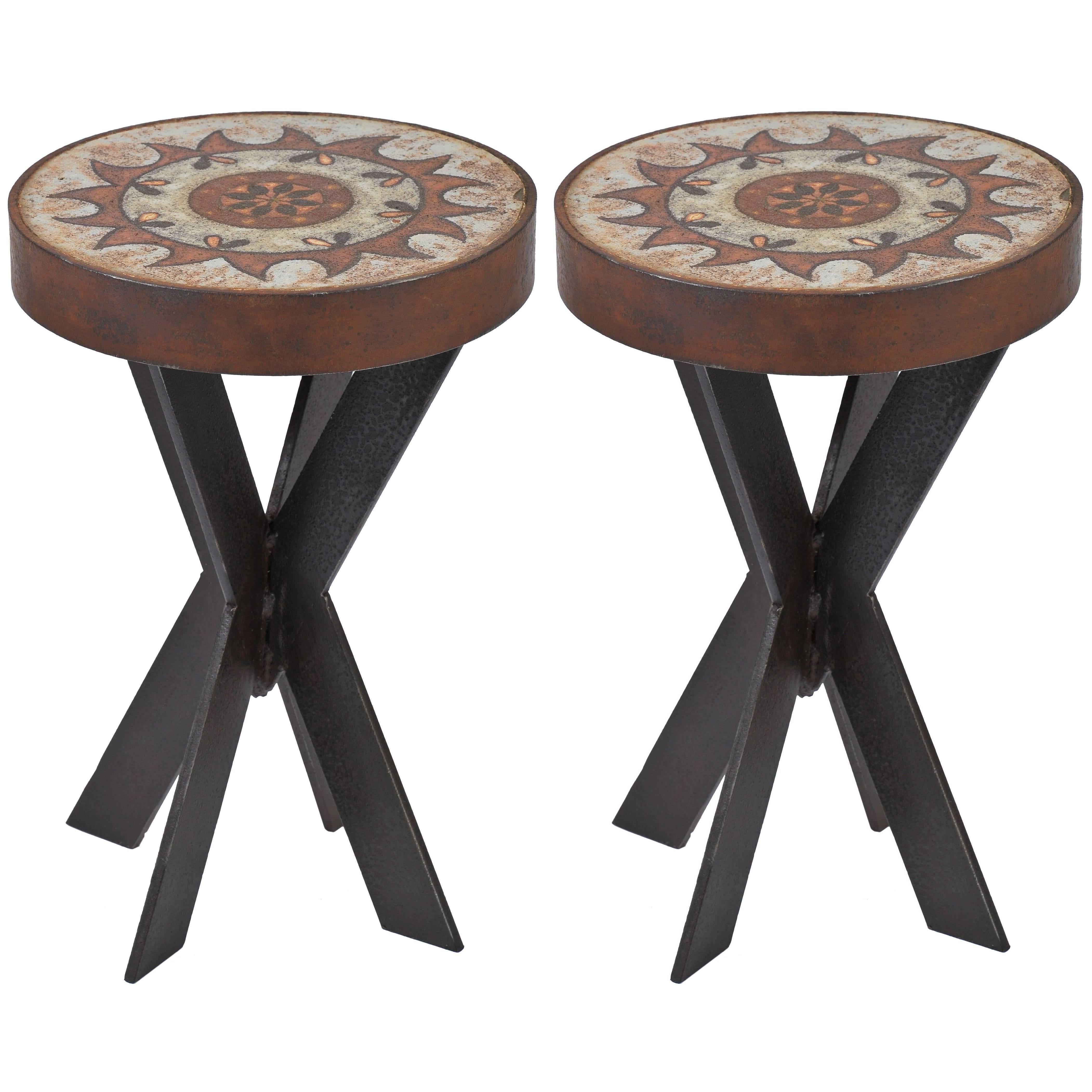 Pair of 1960s Ceramic Top Iron Stools or Side Tables