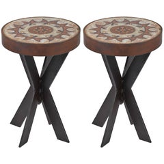 Pair of 1960s Ceramic Top Iron Stools or Side Tables