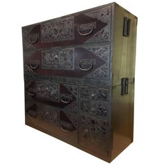 Tansu Japanese Sado Island Cedar Console Sideboard Bedside Table Cabinet, Meiji