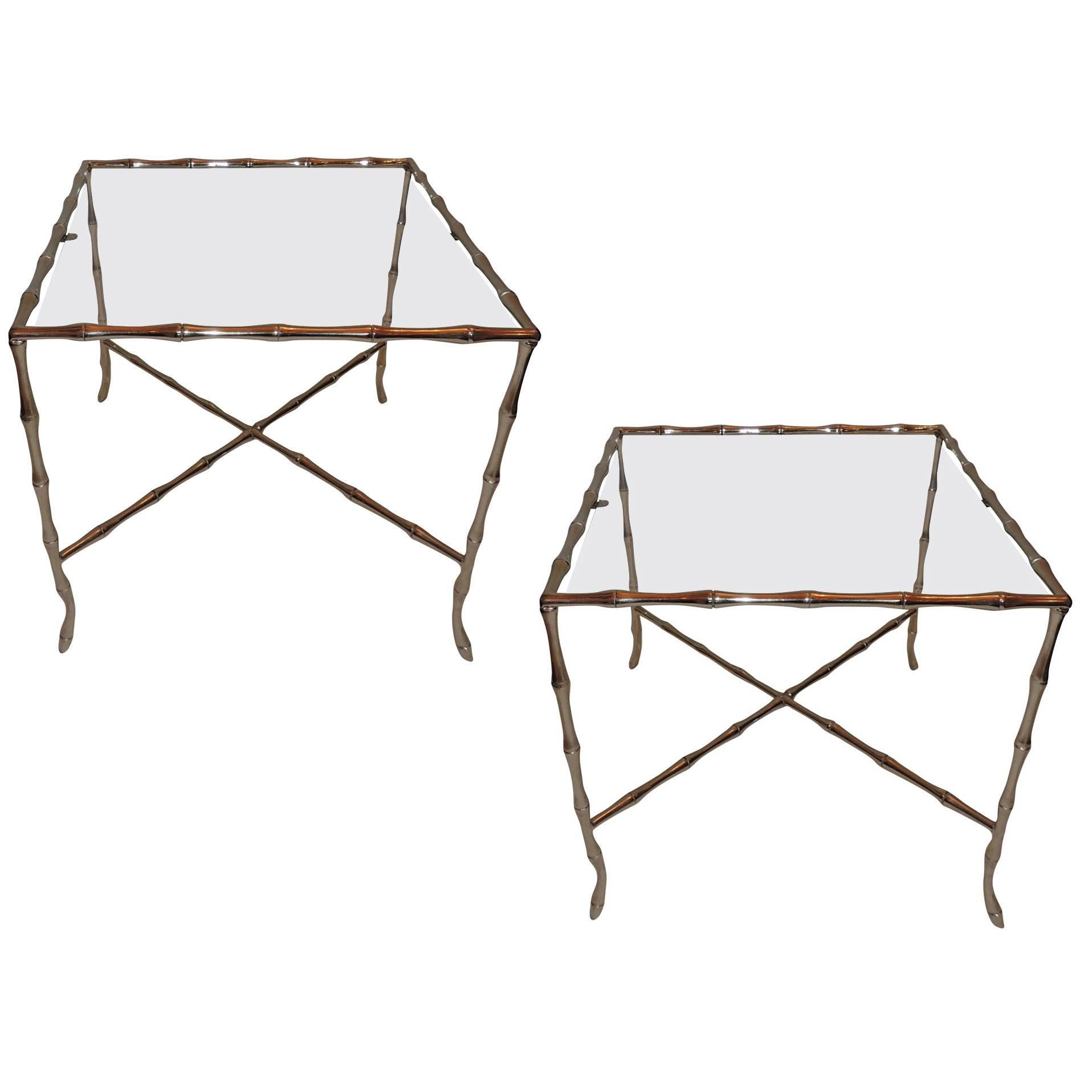 Wonderful Pair Bagues Silvered Bronze Nickel and Glass Top Bamboo Side Tables