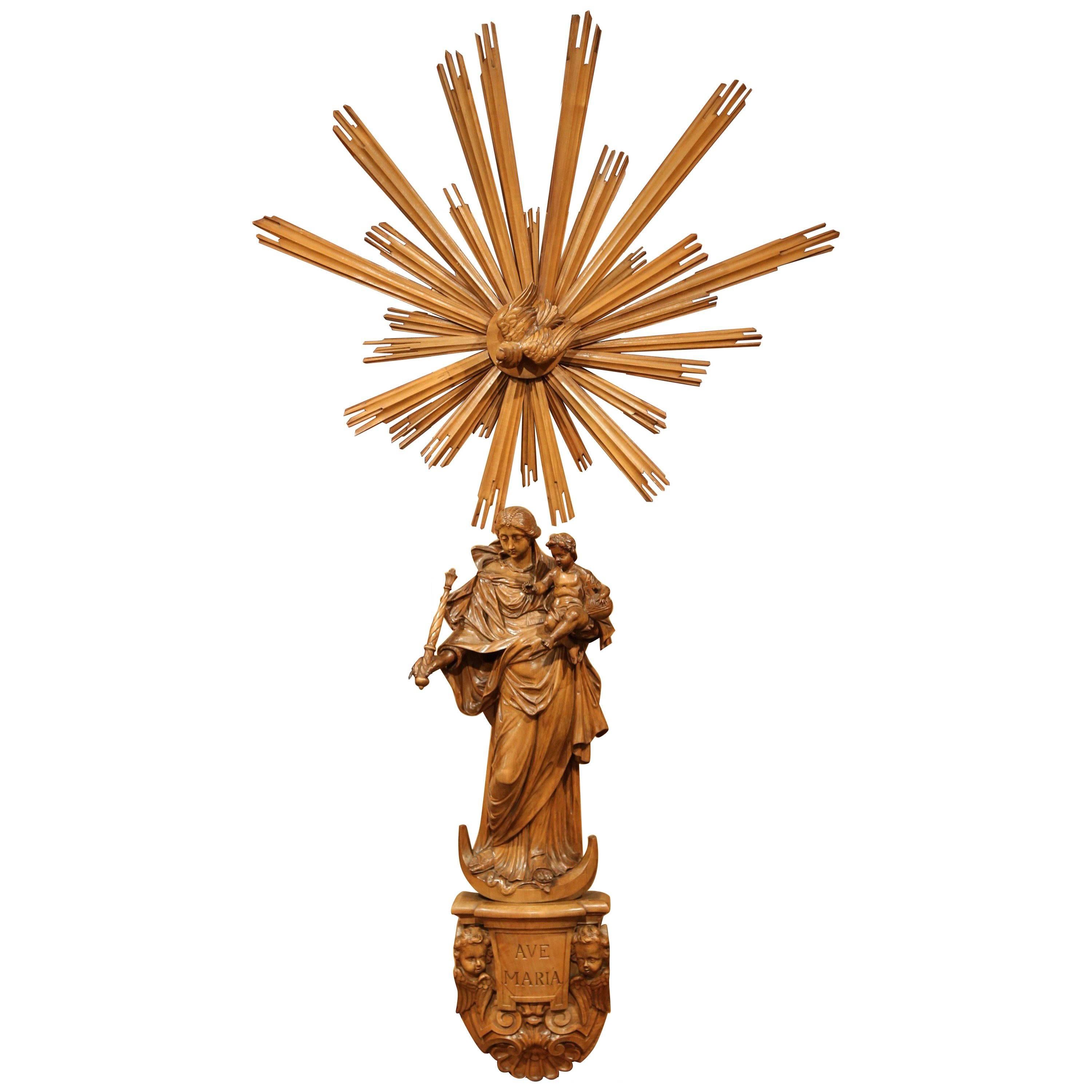 19th Century French Carved Walnut Virgin Mary Statue with Bracket, Sun and Dove