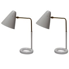 Pair of French 1950s White and Brass Jumo Lamps