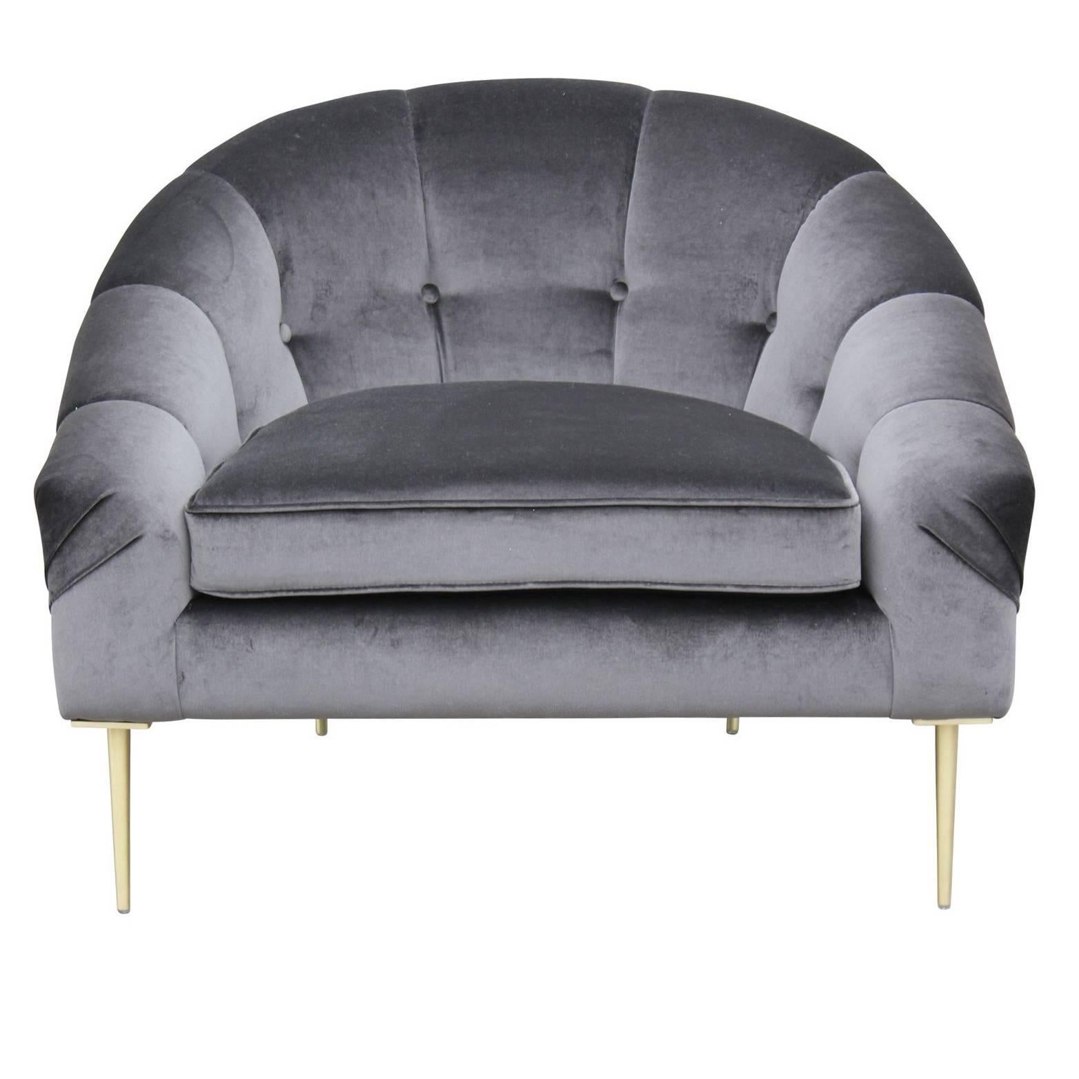 Modern Custom Dark Grey Charcoal Velvet Lounge Chair with Brass Legs