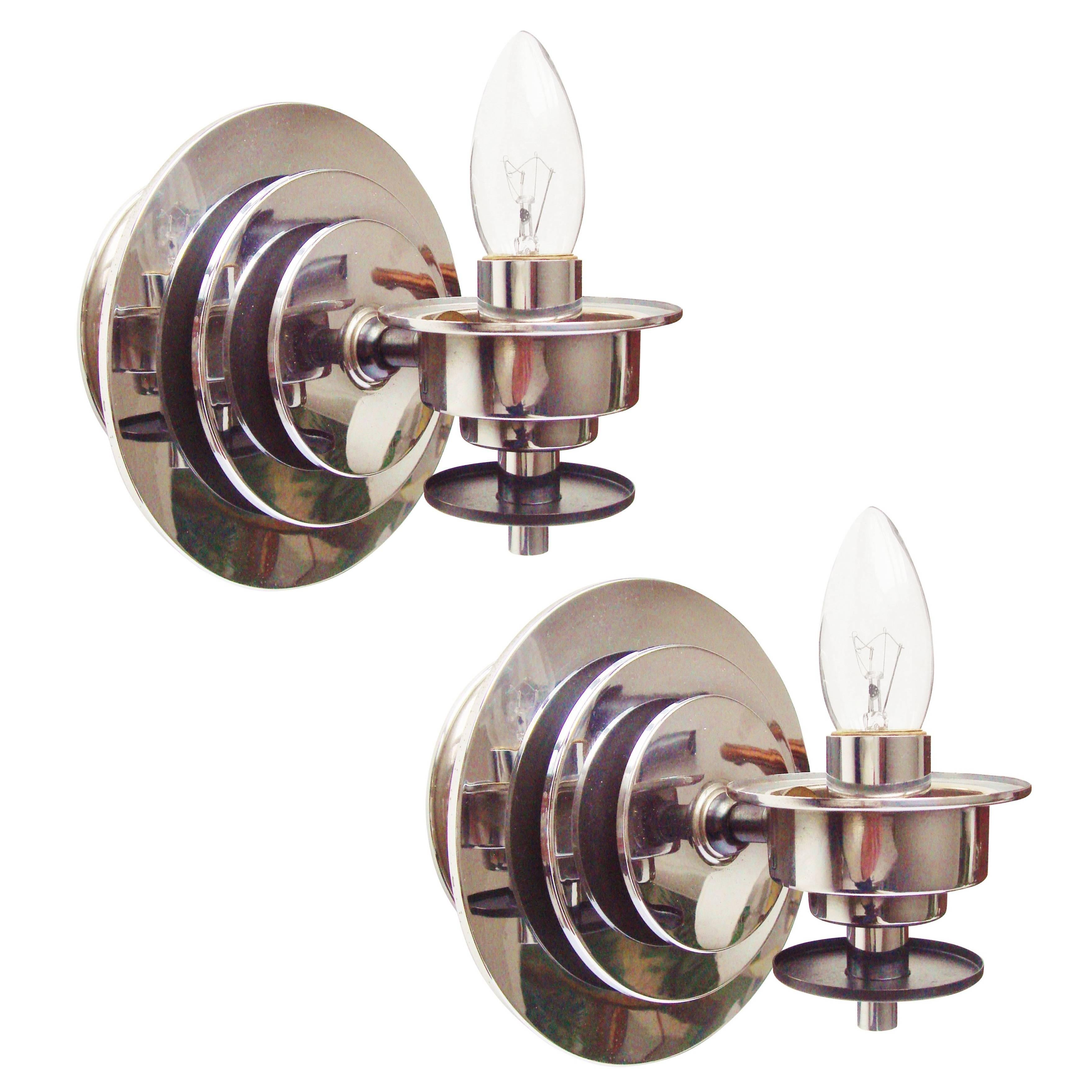 Pair of American Art Deco Revival Chrome and Black Candle-Form Wall Sconces