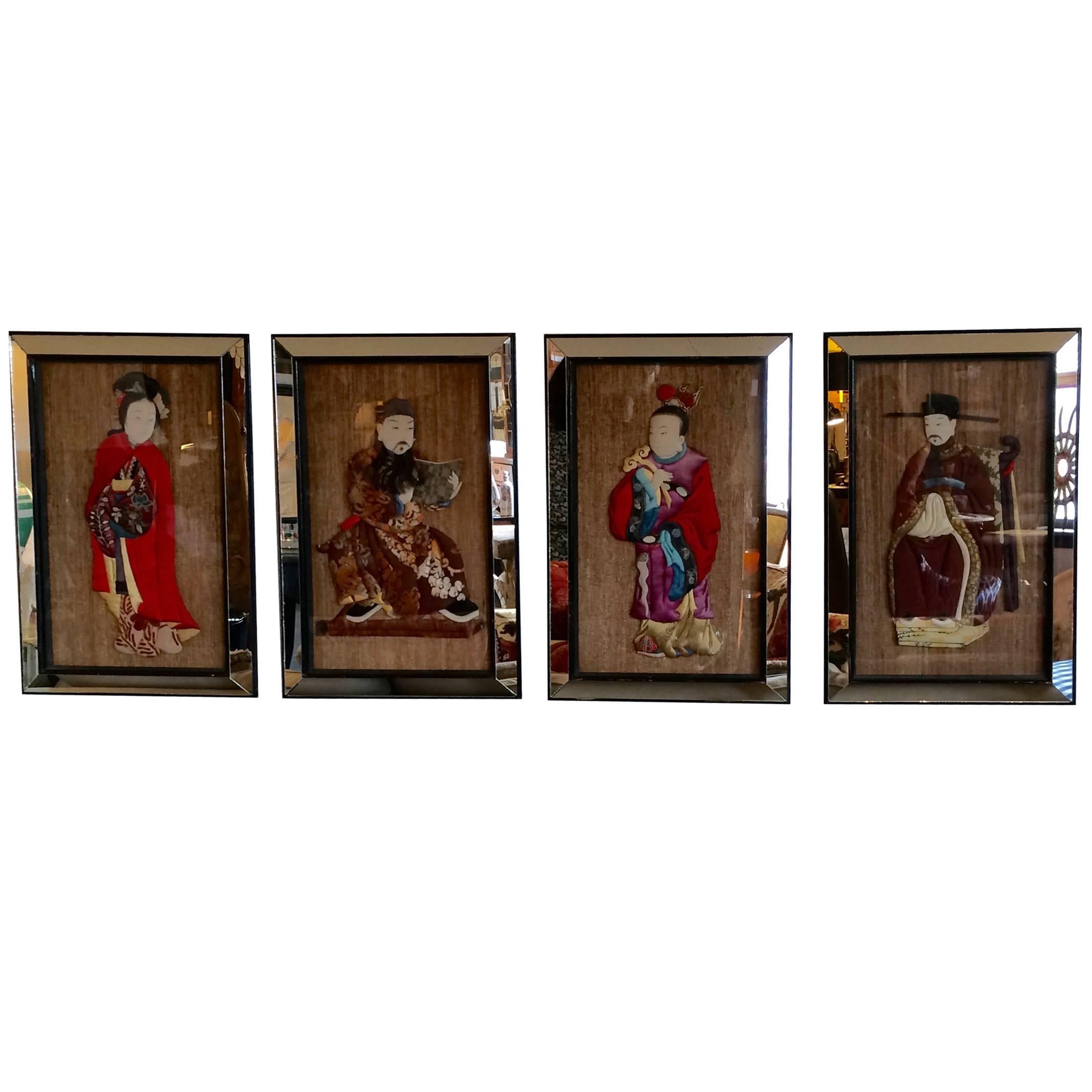 Set of Four Spectacular Quilted Asian Ancestors in Glitzy Mirrored Frames