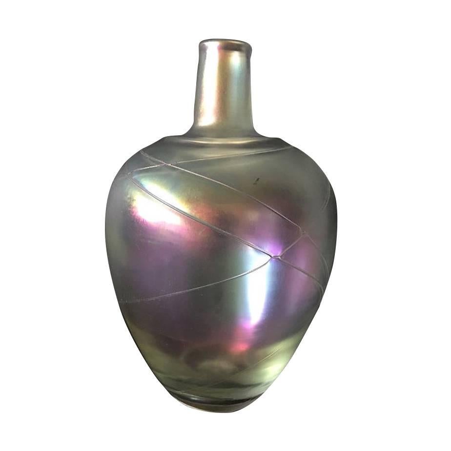 1950 Boda Iridescent 'Thumbprint' Art Glass Vase Signed by Artist B. Vallien For Sale