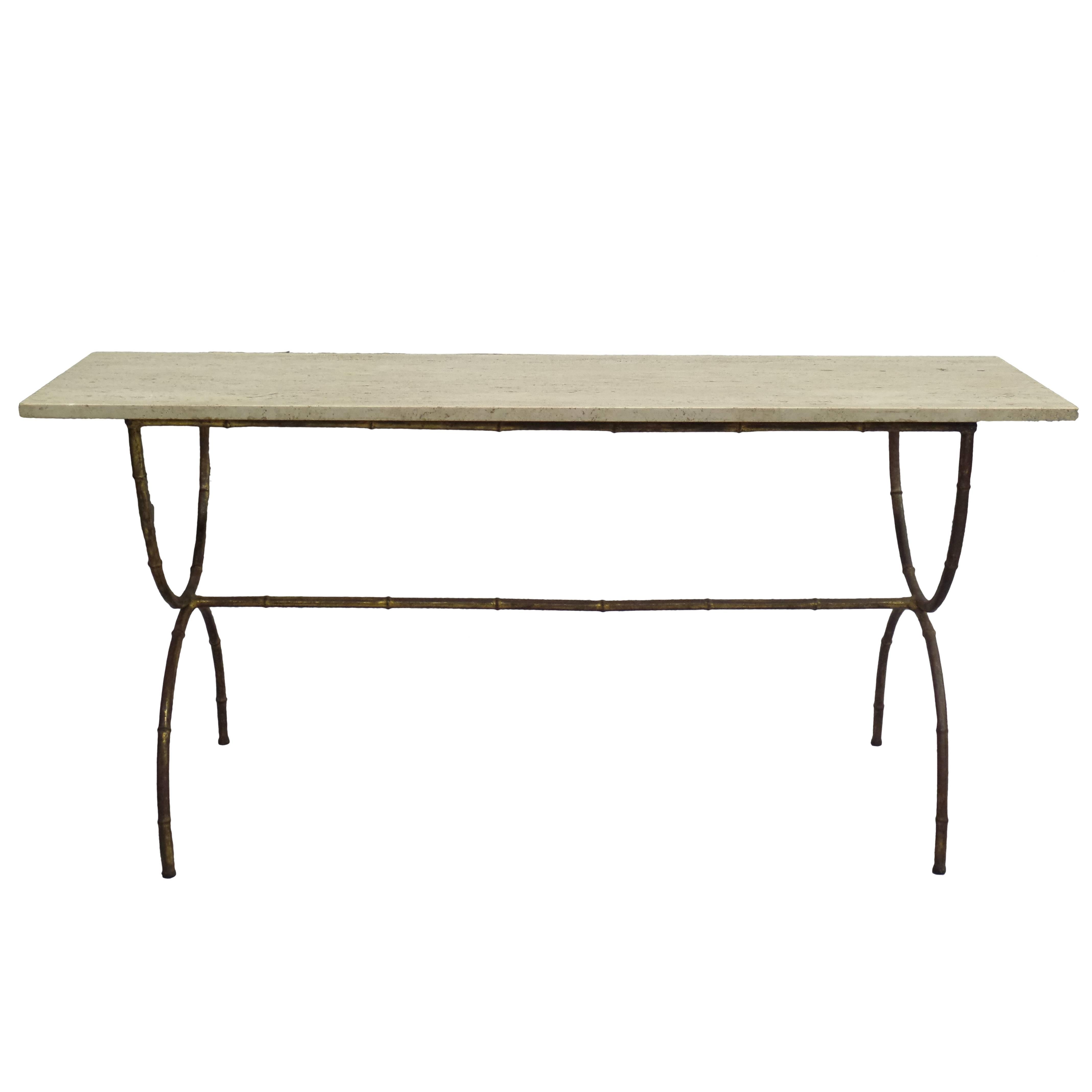 French Modern Neoclassical Gilt Iron Faux Bamboo Sofa Table / Console, Baguès