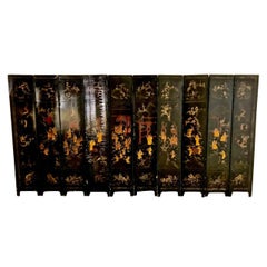 Antique 18th Century Chinese Lacquer Screen, Ten Panels