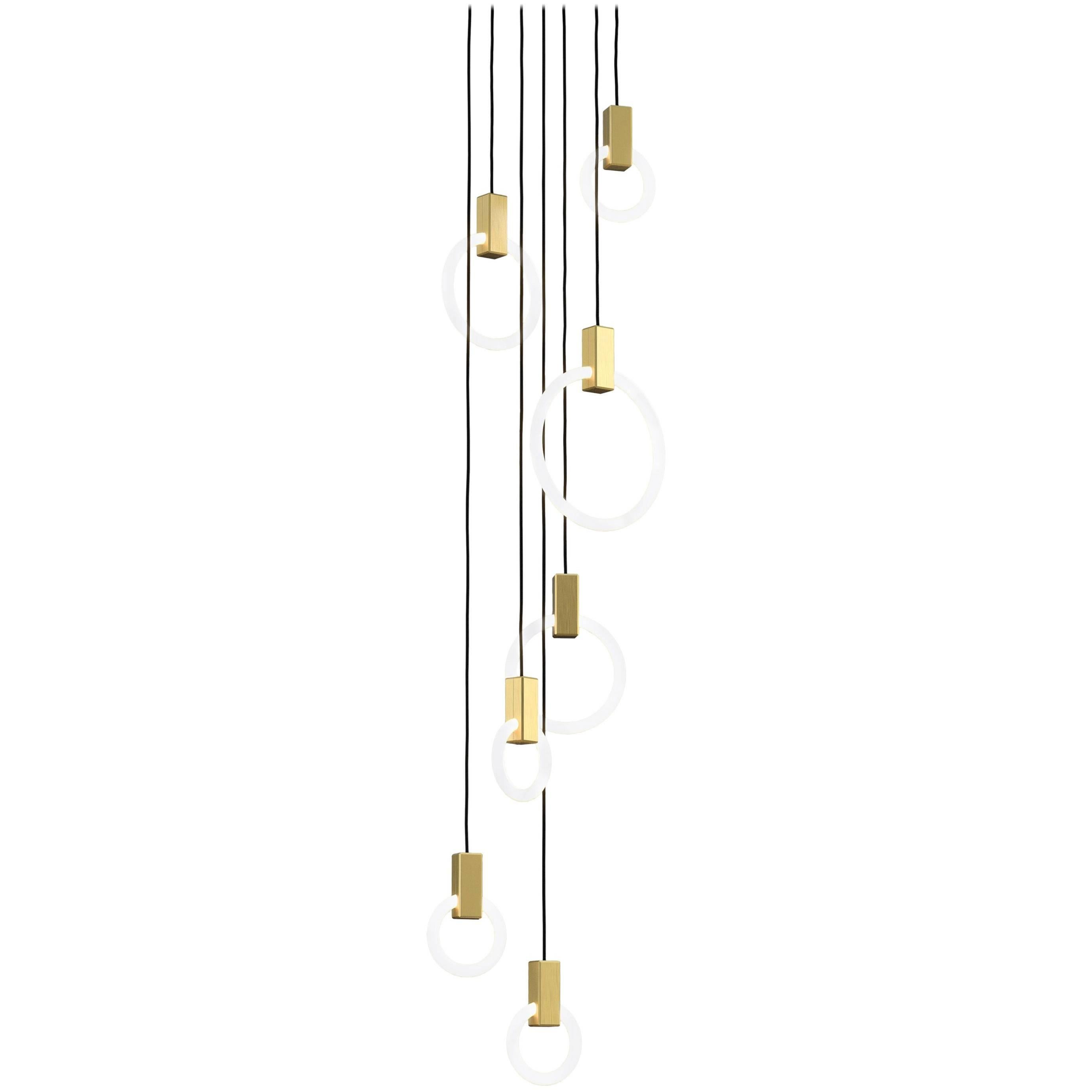 Halo C7 Round Brushed Brass Chandelier "Mixed" by Matthew McCormick Studio For Sale