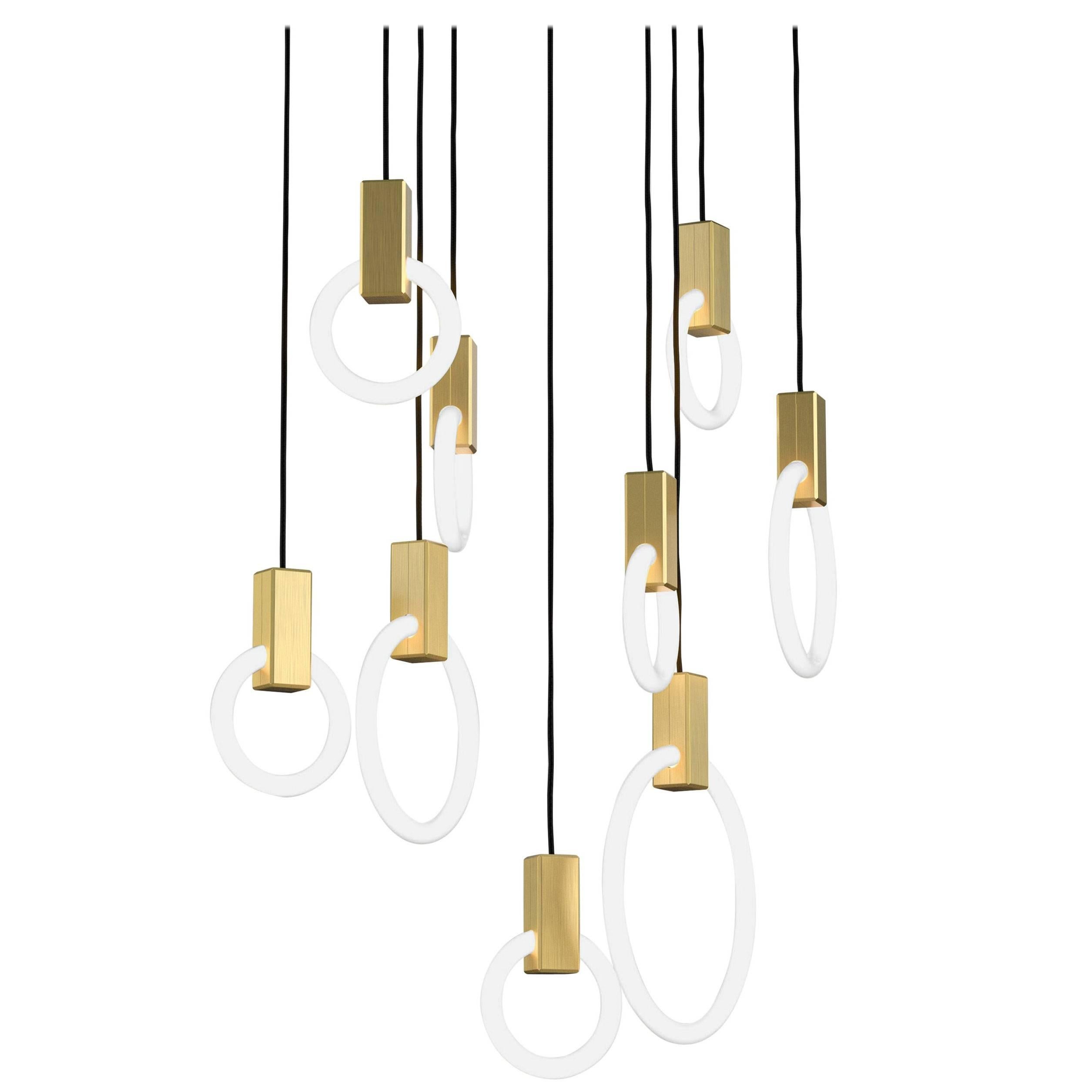 Halo C9 Brushed Brass Linear Chandelier (mixed) by Matthew McCormick Studio For Sale