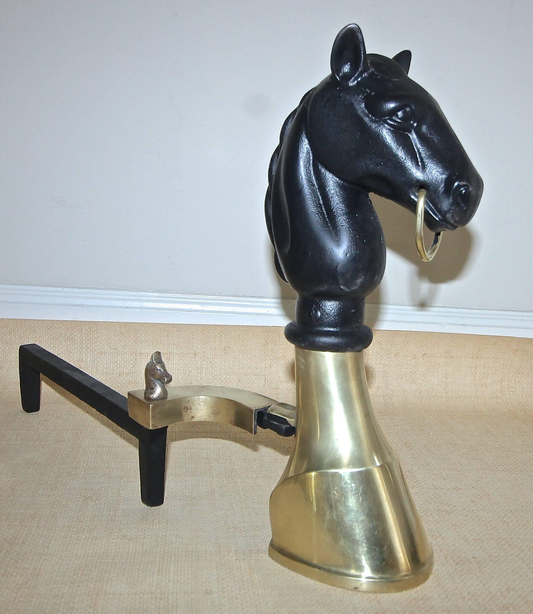 Pair of Brass and Cast Iron Horse Equestrian Andirons 2