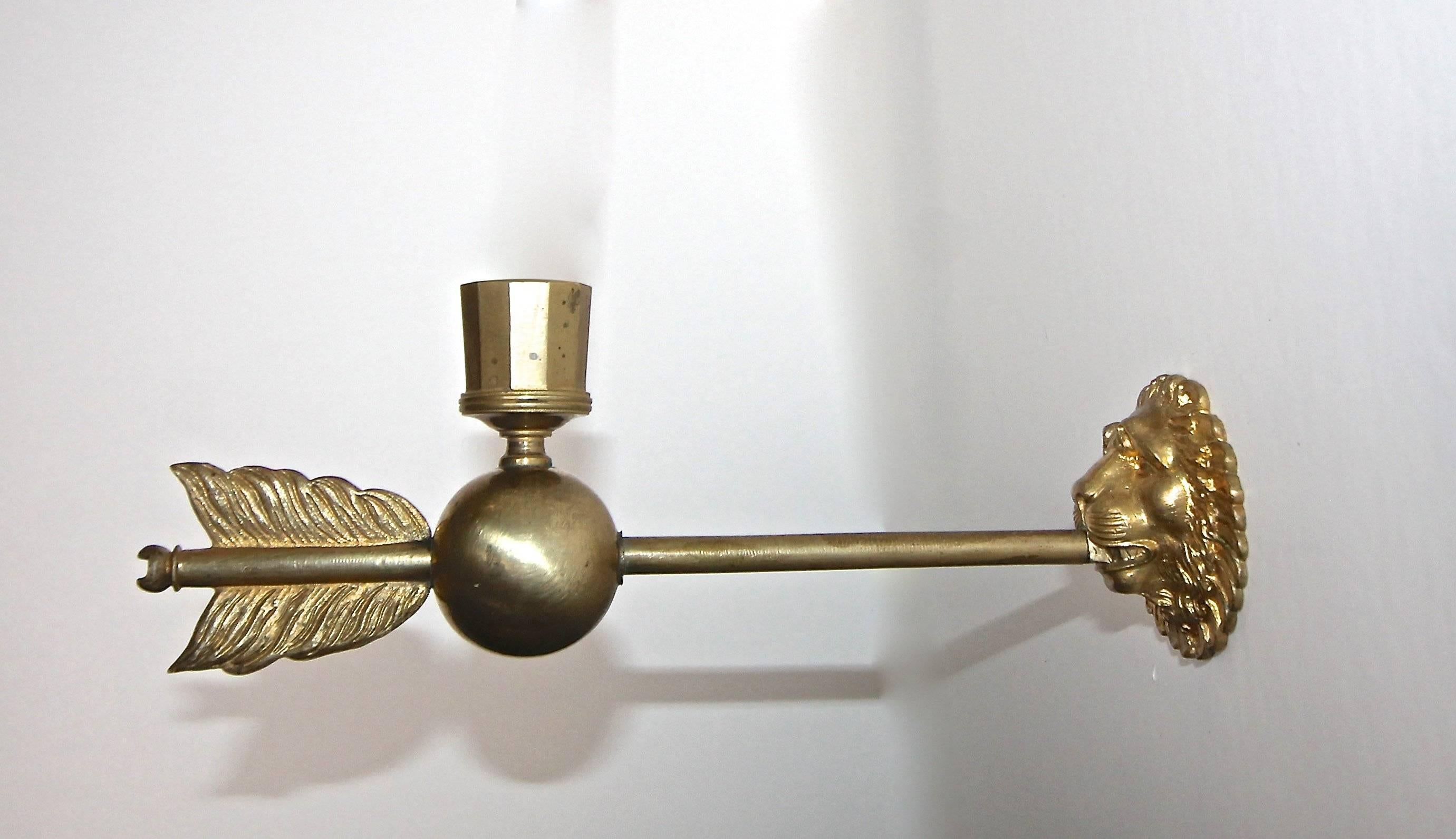 Brass Pair of French First Empire Doré Bronze Lion and Arrow Wall Sconces