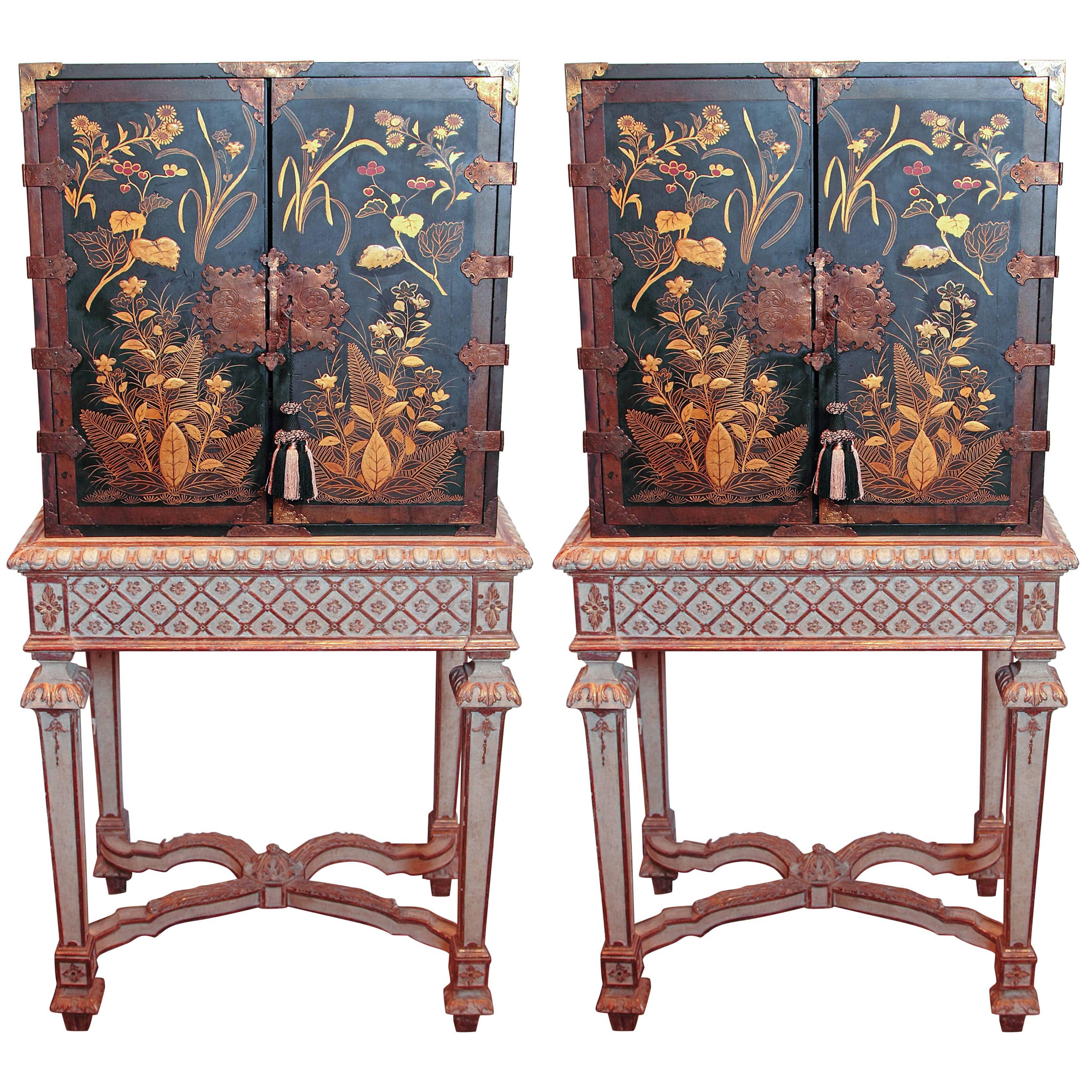 19th Century English Japanned Black Lacquered Cabinets on Stands