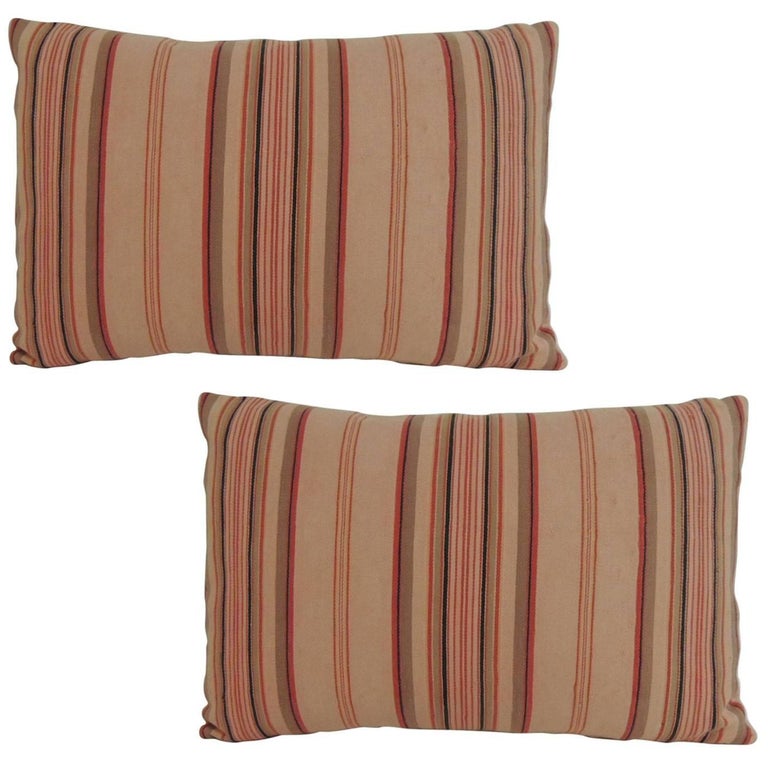 Pair of Vintage French Pink and Red Stripes Lumbar Decorative Pillows For Sale at 1stdibs