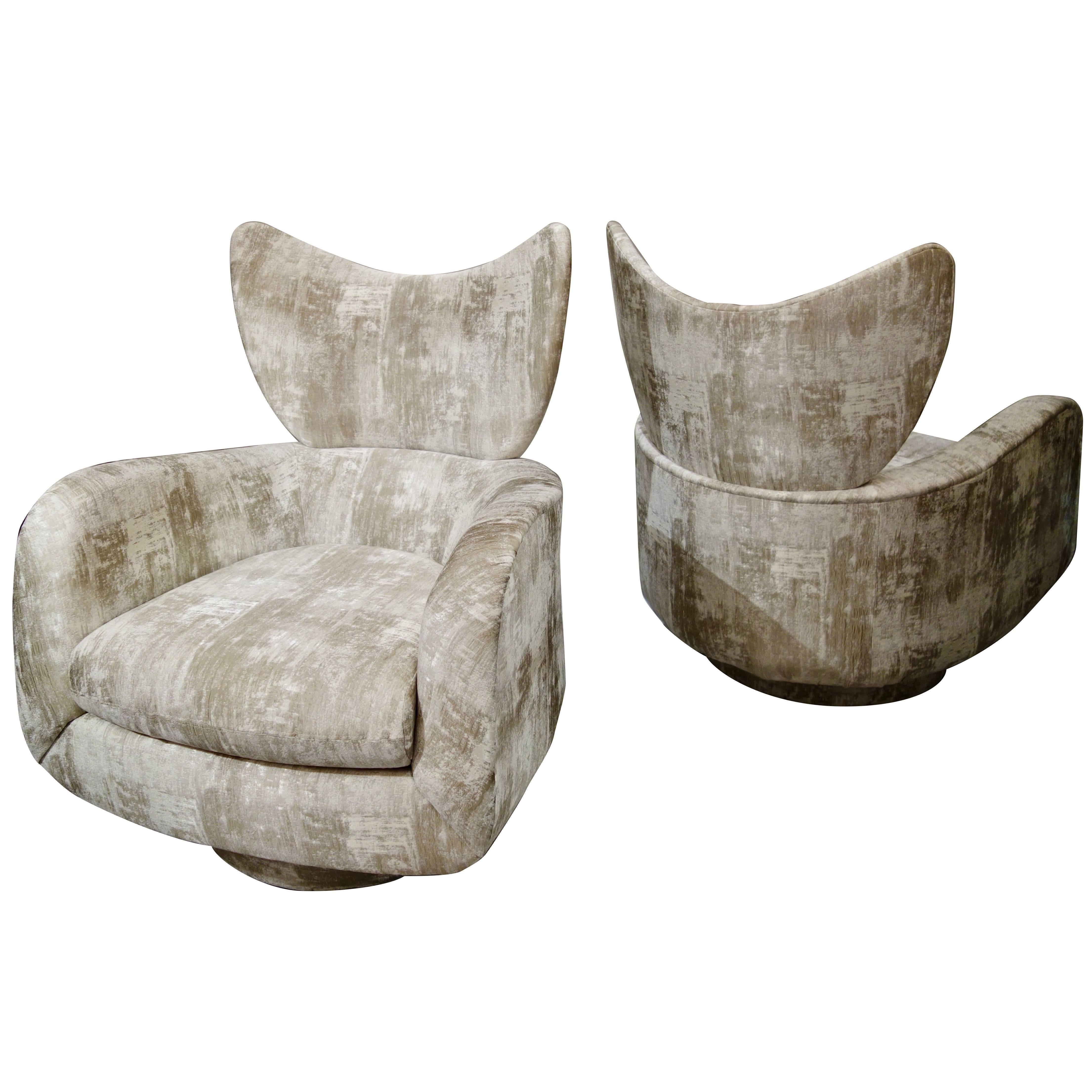Pair of Vladimir Kagan Large Swivel Greige Lounge Chairs for Directional