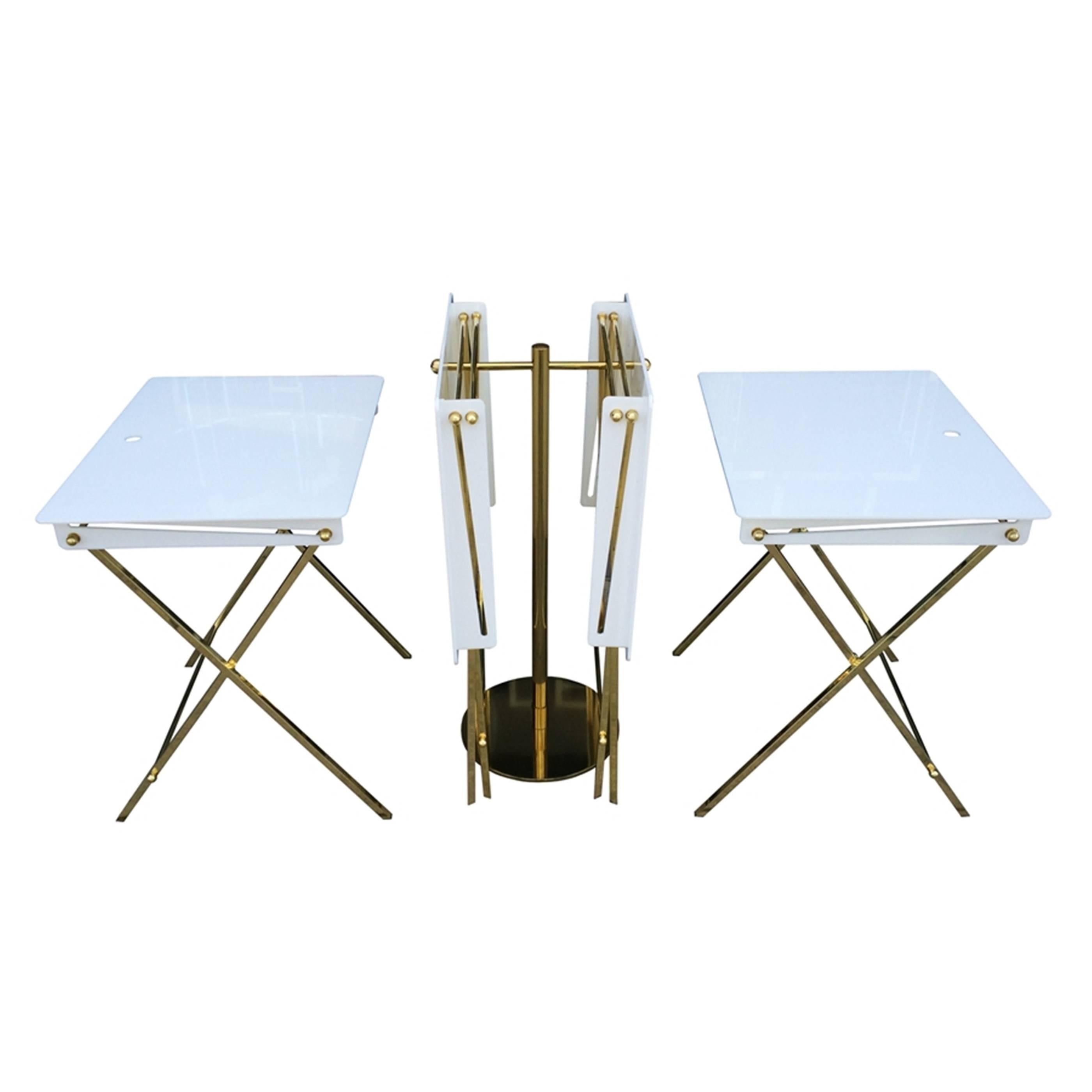 Set of Four Acrylic and Brass Serving Trays with Stand by Charles Hollis Jones For Sale