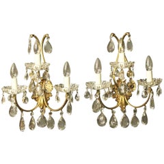 Italian Pair of Gilded Brass and Crystal Triple Arm Antique Wall Lights