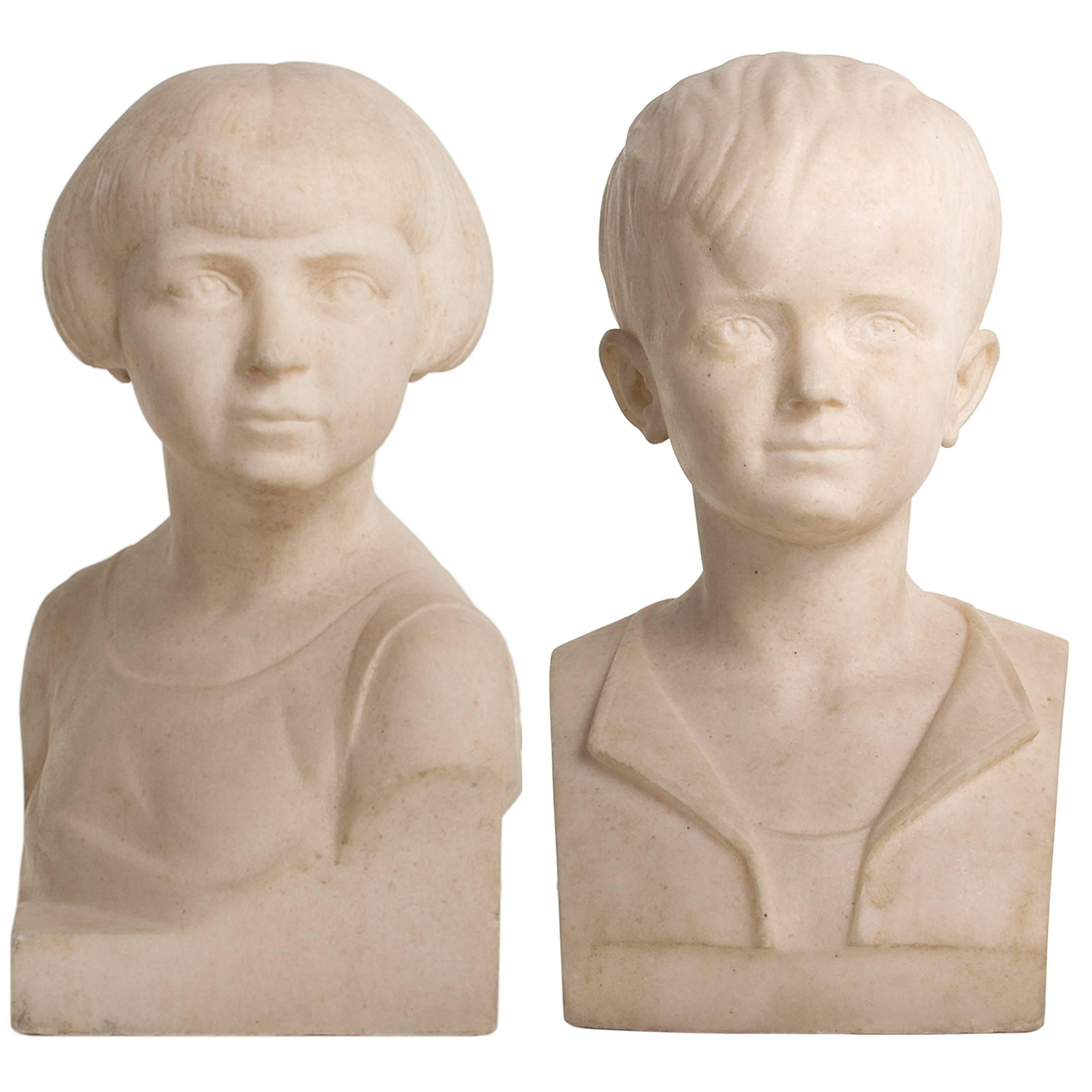 Art Deco Pair of Marble Busts of a Girl and Boy by B. Tedeschi For Sale
