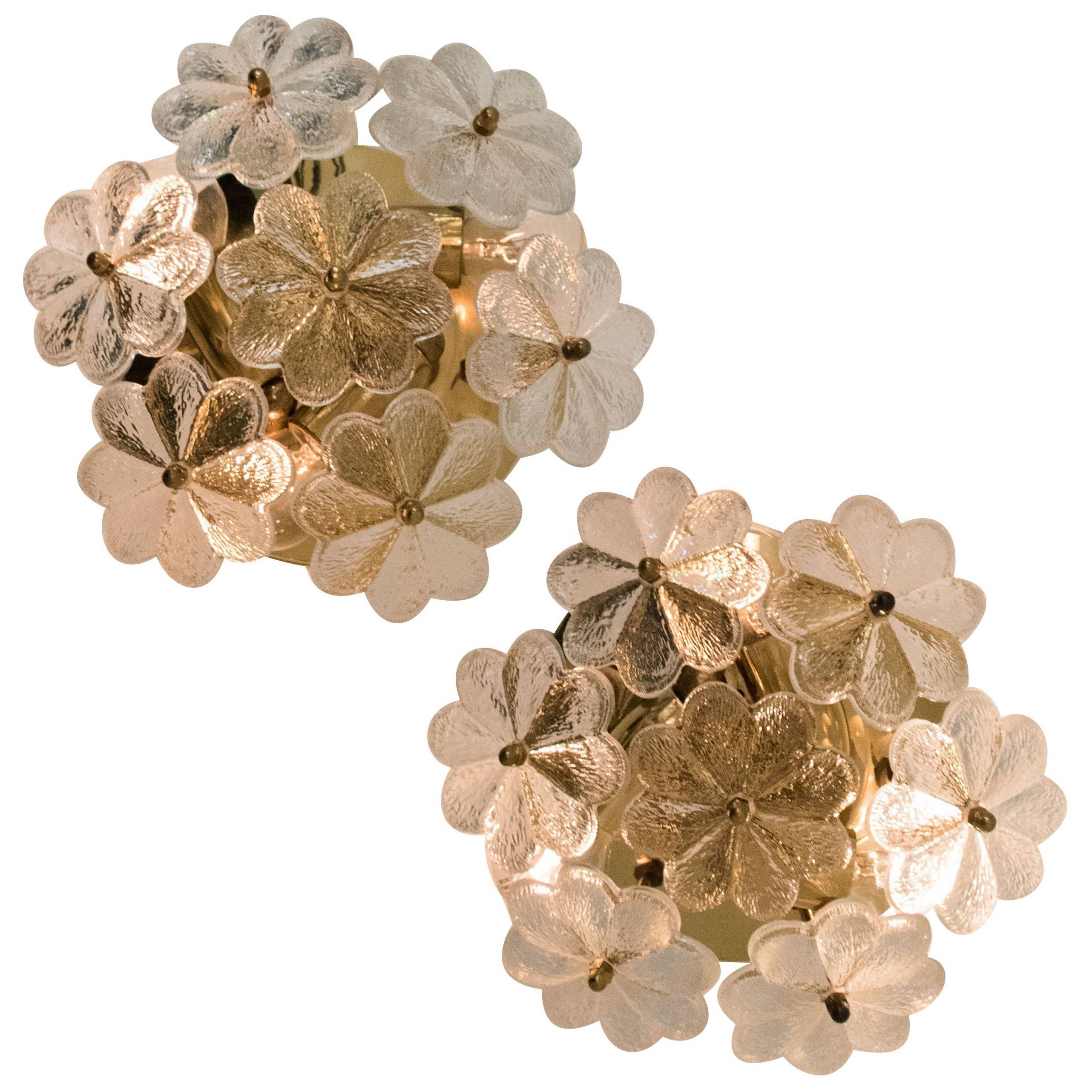 Pair of Glass and Brass Floral Wall Lights from Ernst Palme, 1970s