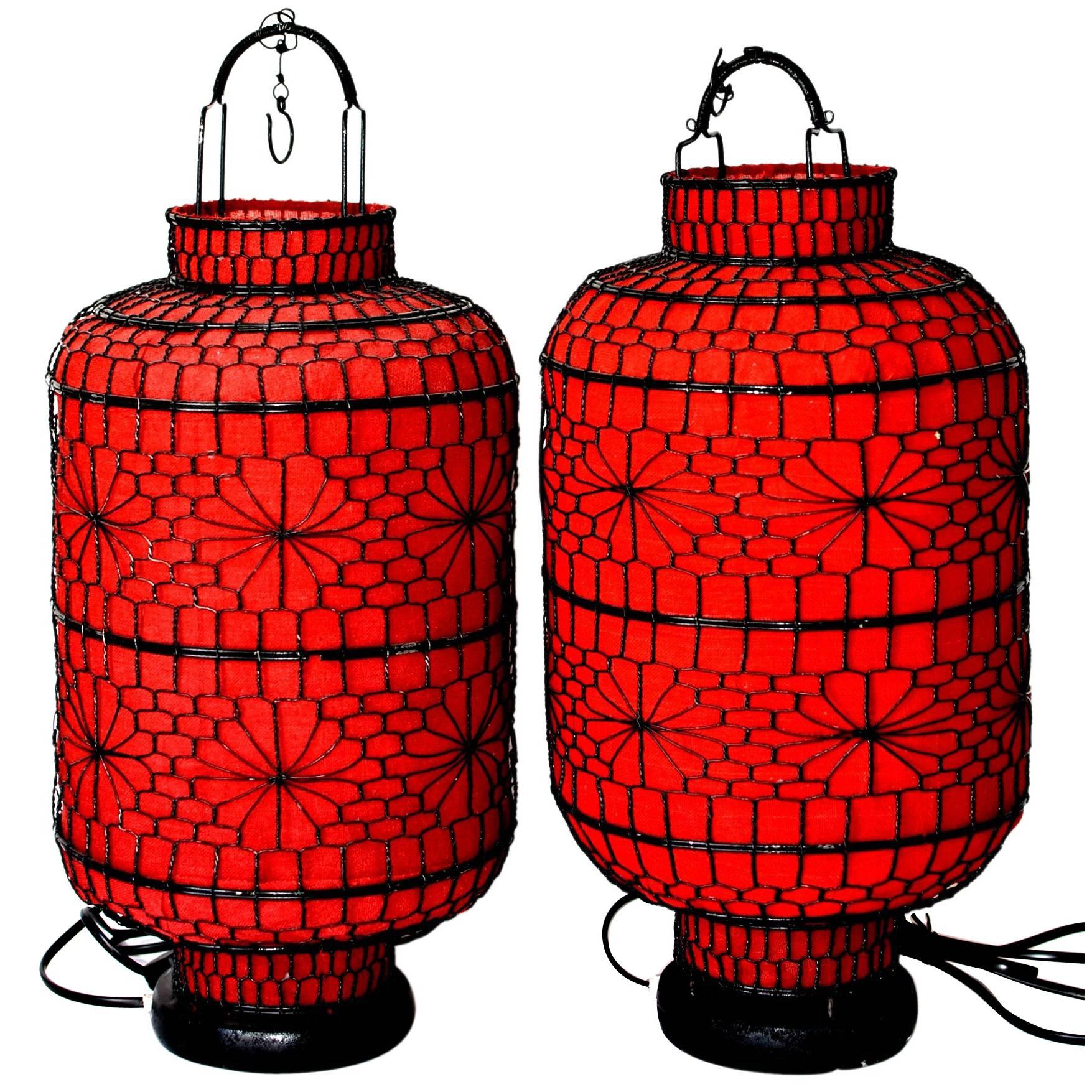 Pair of Asian Red Lanterns, Linen Hand-Wired, Electrified
