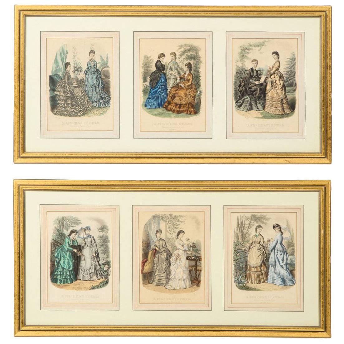 Antique 19th Century Spanish Fashion Prints in Giltwood Frame, Pair For Sale