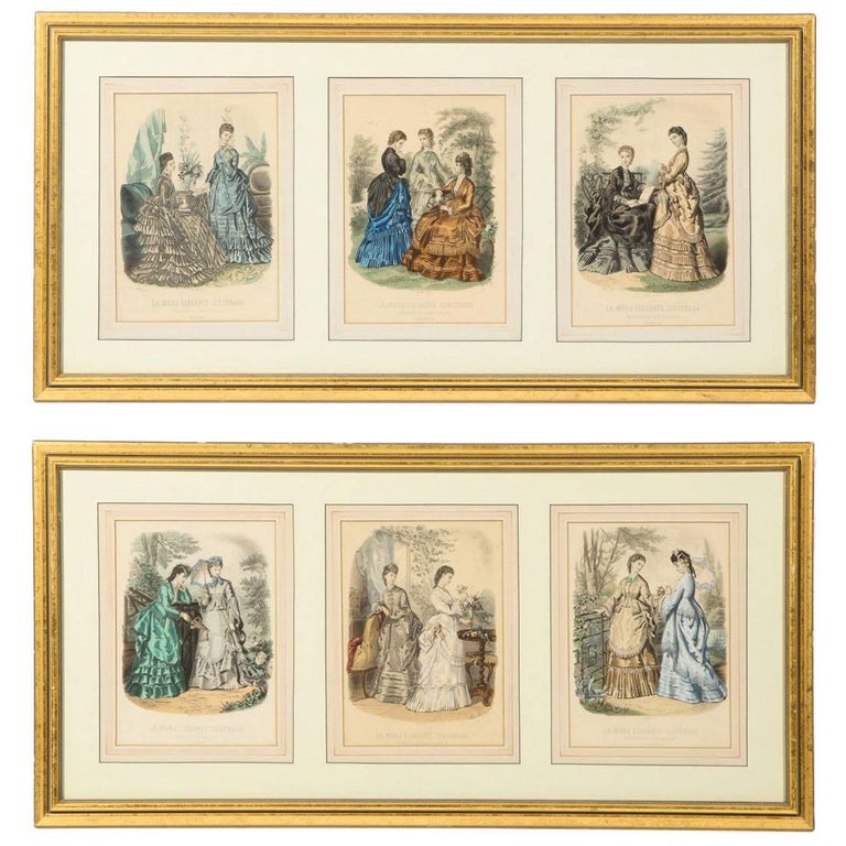 Antique 19th Century Spanish Fashion Prints in Giltwood Frame, Pair For