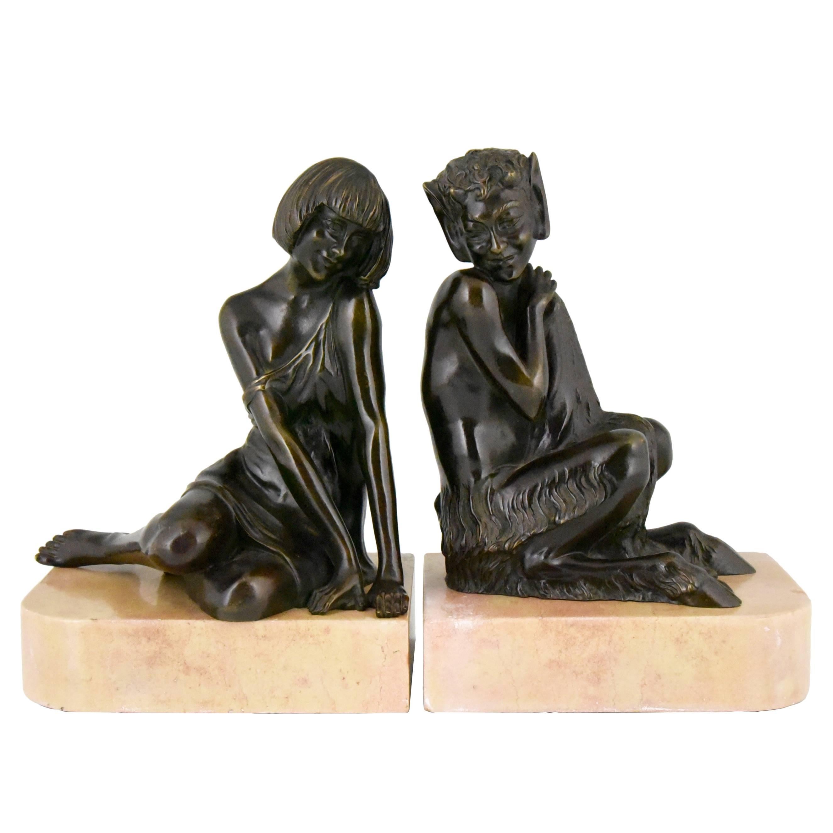 Art Deco Bronze Bookends Satyr and girl by Pierre Le Faguays, 1930 France